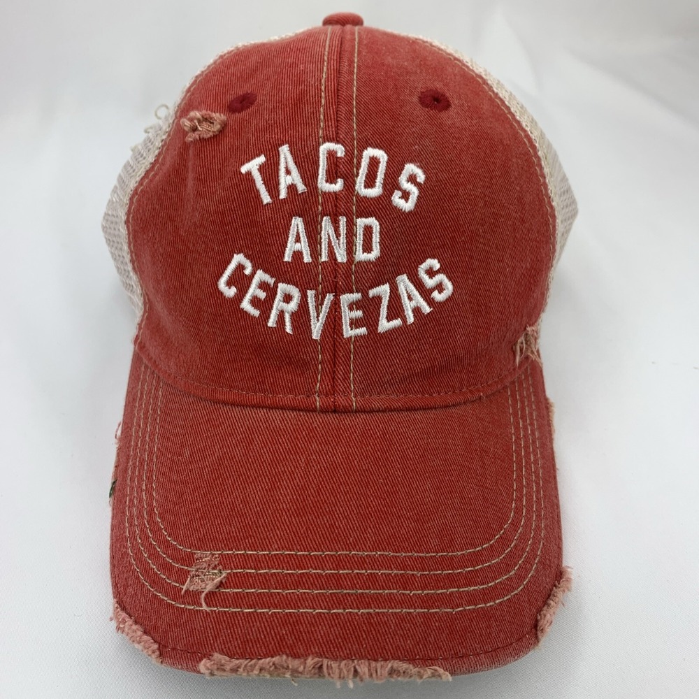 Tacos And Cervezas Red Hat White Mesh Distressed Snapback Cap Retro Brand